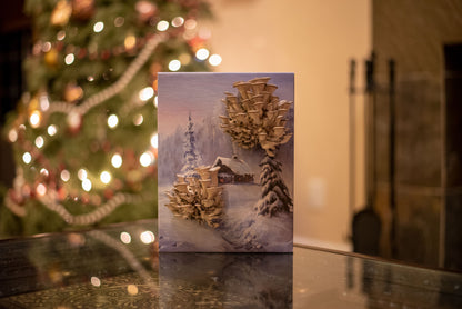 holiday oyster mushroom kit in front of christmas tree